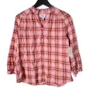 St. John's Bay Plaid Blouse Womens Medium Coral Pink 3/4 Sleeve Cottagecore NWT